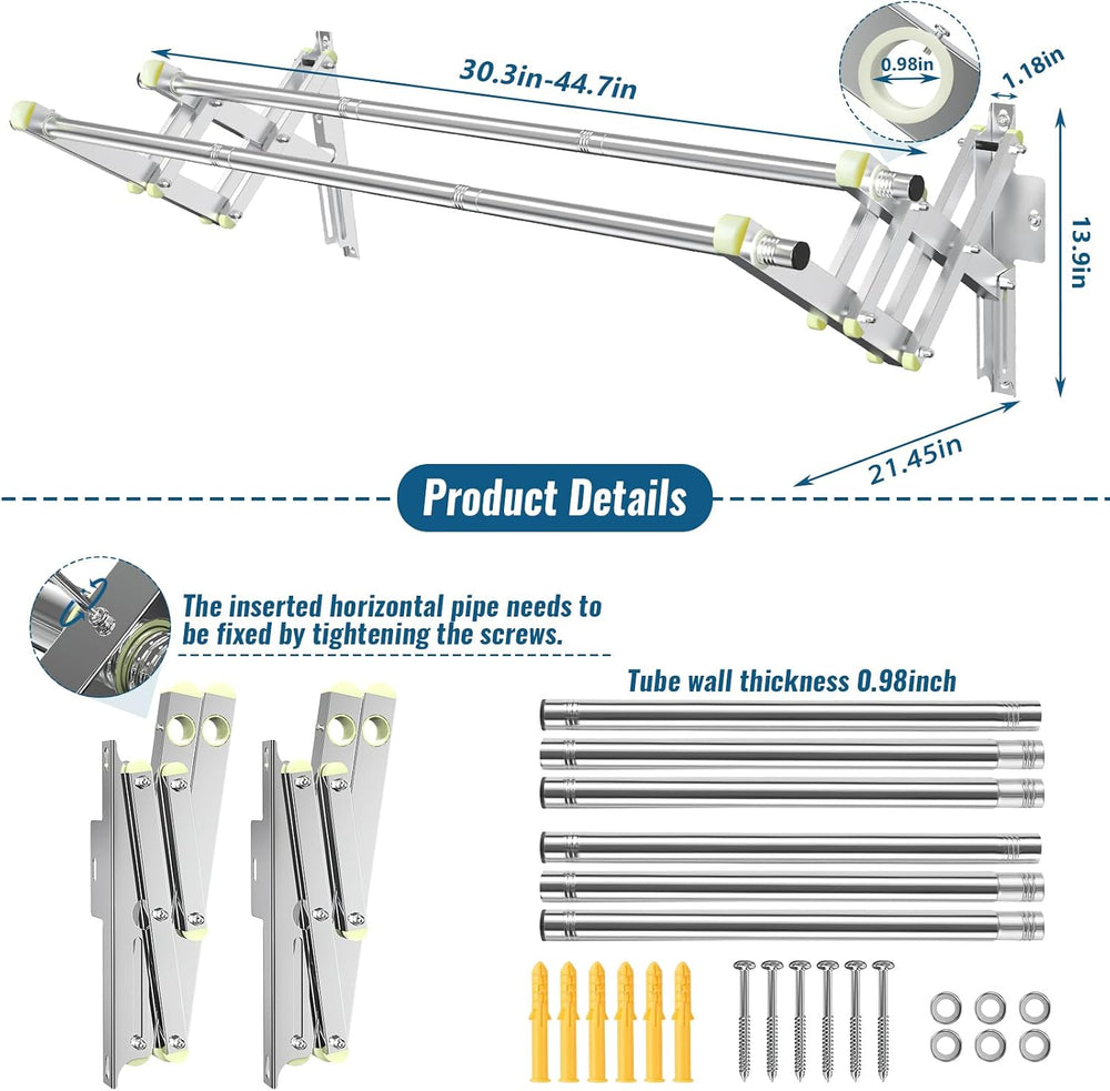 Foldable Wall Mounted Clothes Rack- Double 44'' Long Rod & 2 Thic...
