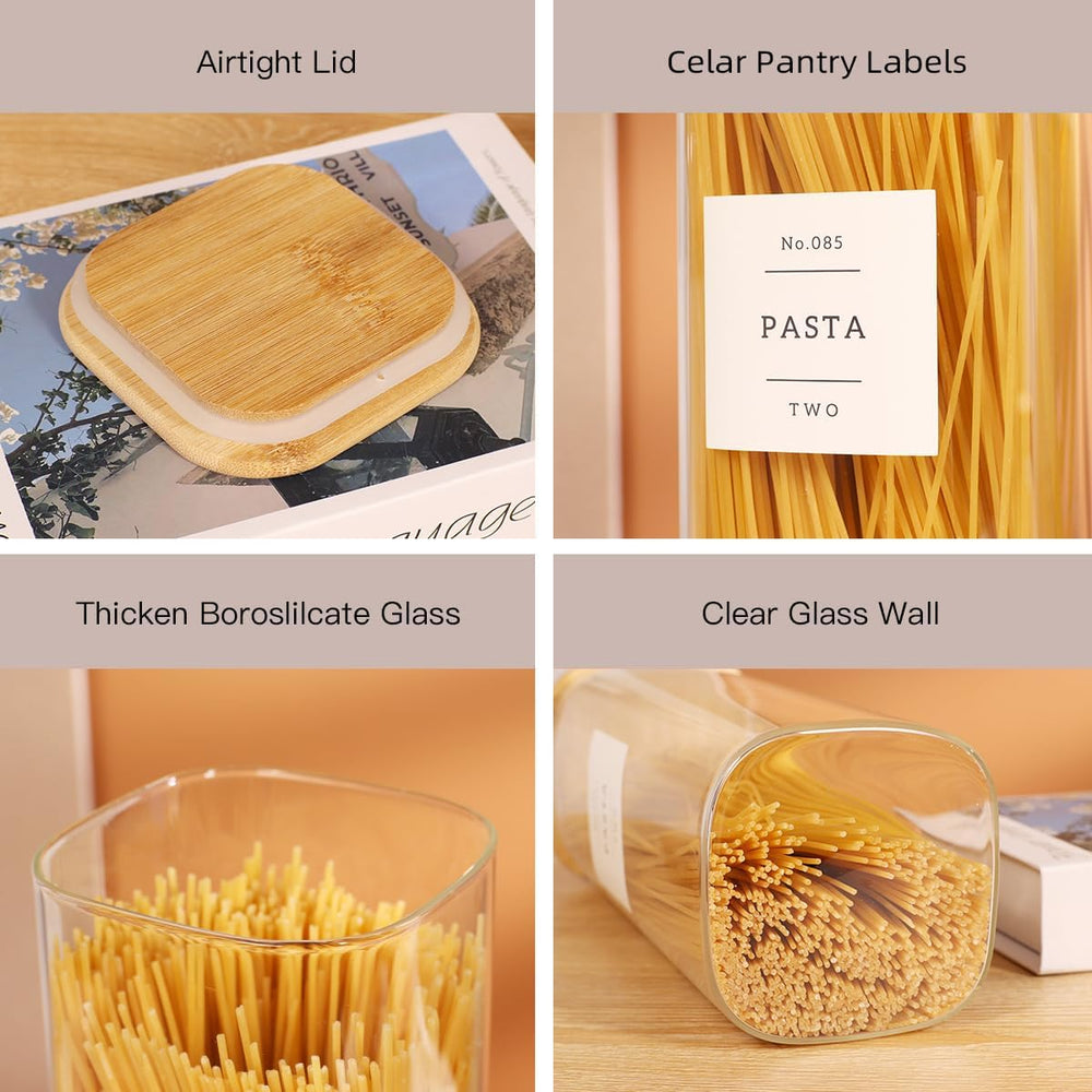 5 Pack Square Glass Pantry Storage Containers with 132 Kitchen Food Pantry La...