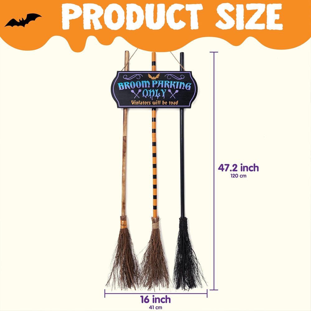 JOYIN Halloween Broom Parking Sign with 3pcs Wooden Witches Brooms, Halloween...