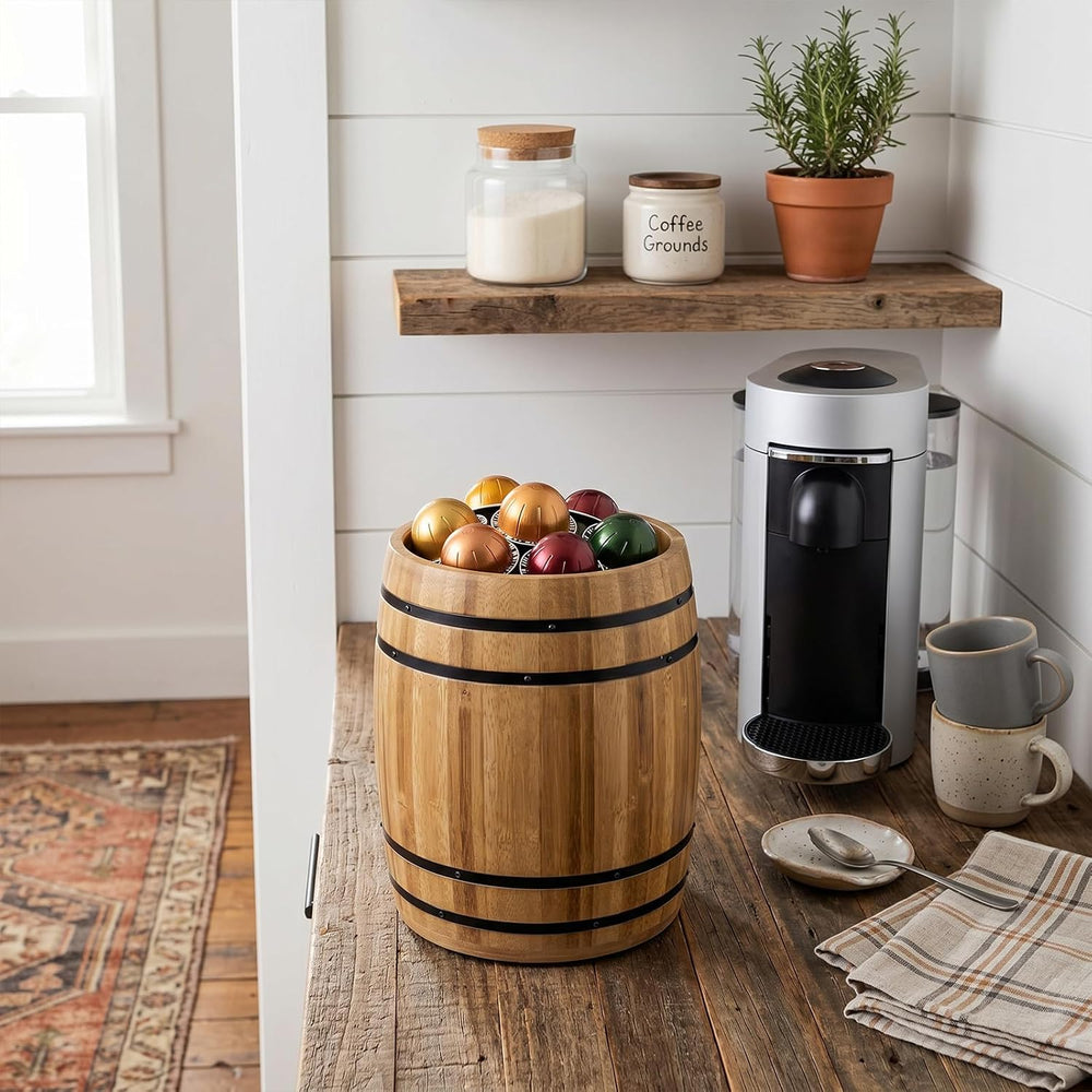 MyGift Wine Barrel Design Kitchen Utensil Crock, Light Brown Solid Bamboo Woo...