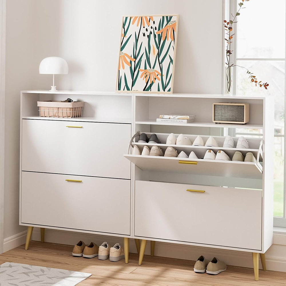 LYNSOM Modern Entryway Shoe Cabinet with 2 Flip Drawers and Open Storage, Whi...