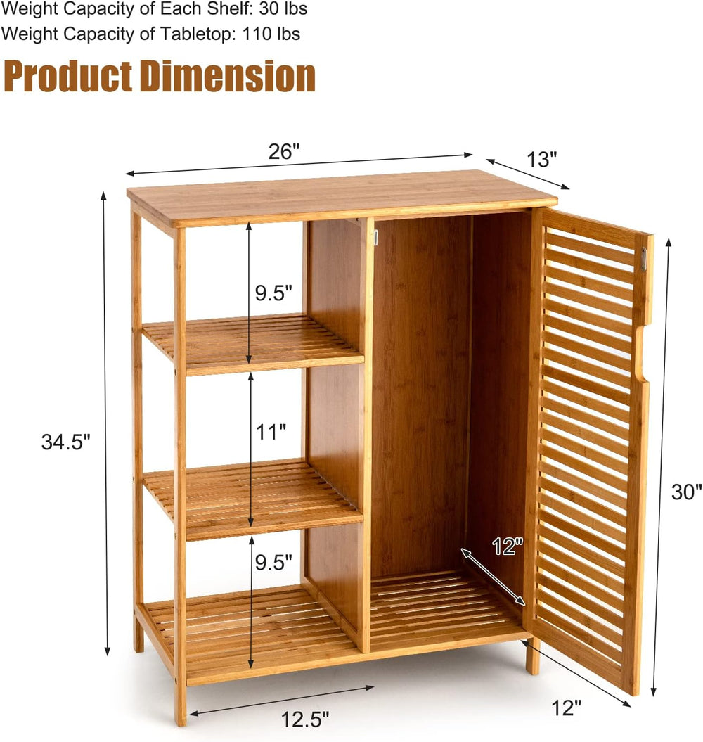 Tangkula Bamboo Bathroom Floor Cabinet, Storage Cabinet with Shutter Door and...