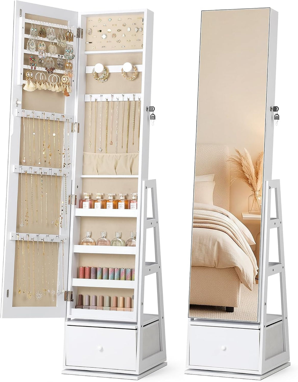 Nicetree 360°Swivel Large Jewelry Organizer,Full Length Mirror with Storage