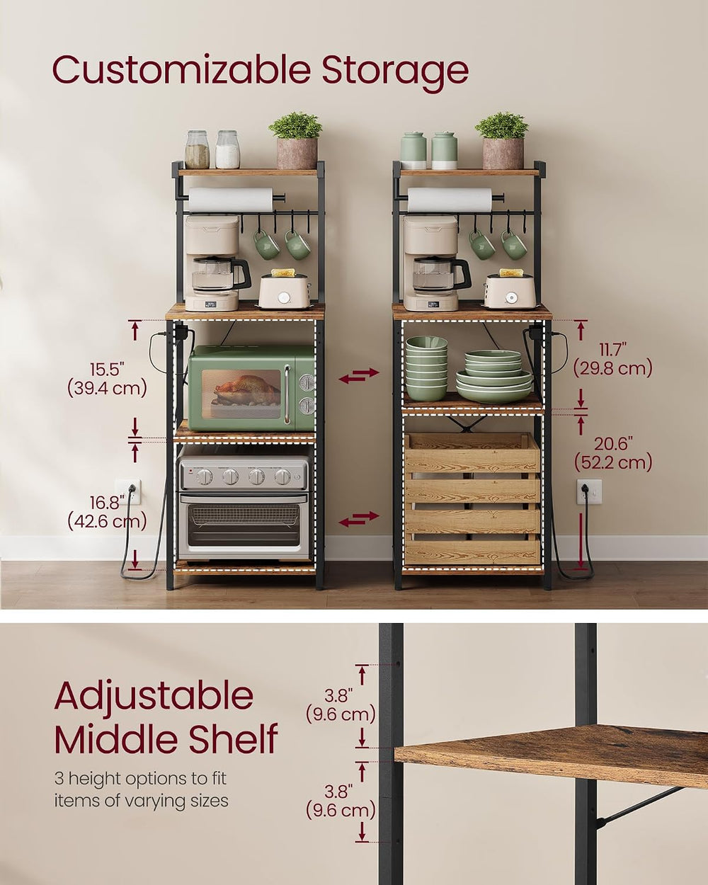 VASAGLE 4-Tier Kitchen Bakers Rack with Power Outlet, 17.7-Inch Wide