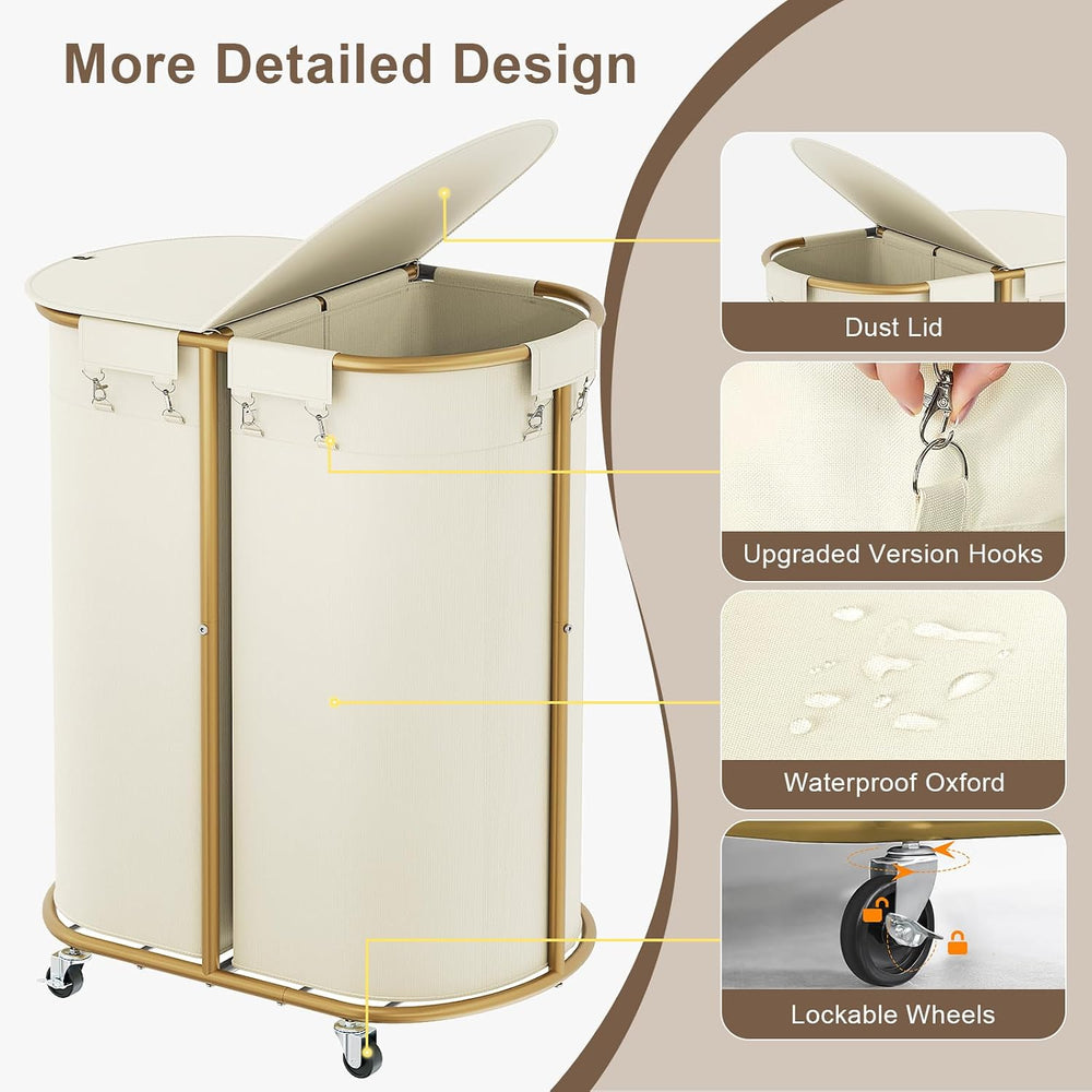 200L Double Laundry Hamper with Lid & Wheels, Oval Rolling Laundry Basket