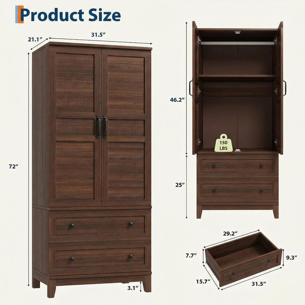 IDEALHOUSE 72" Armoire Wardrobe Closet with 2 Drawers, Heavy Duty Wooden...