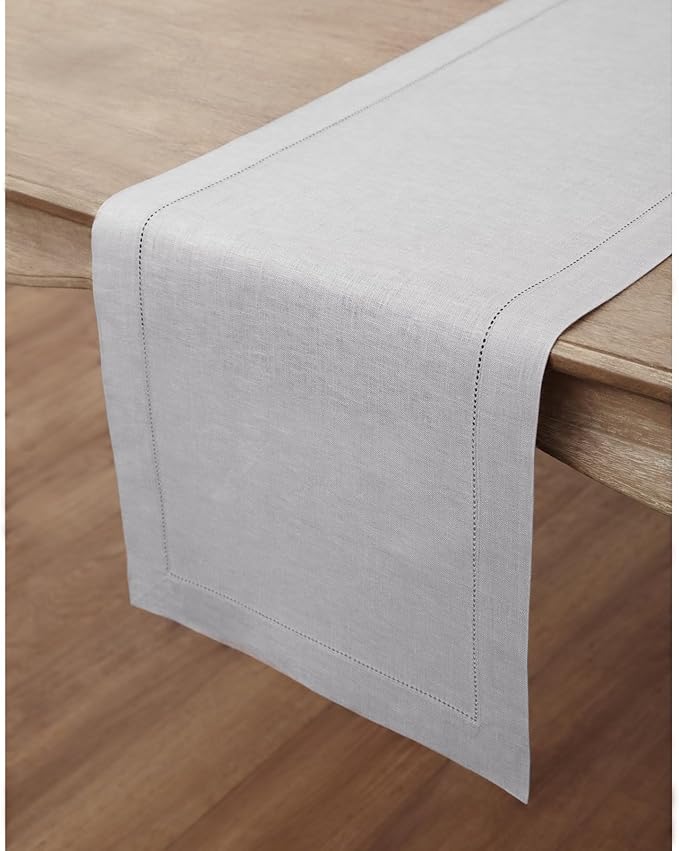 Solino Home Linen Soft Grey Table Runner 36 Inches - Classic Hemstitch, 100% ...