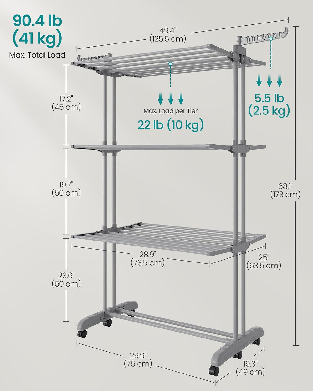 SONGMICS 4-Tier Clothes Drying Rack, Foldable, Rolling, 67.9-Inch Tall