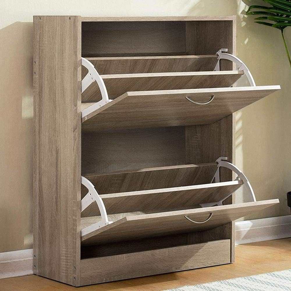 BAKAJI Shoe Rack Space Saving Melamine Wood with 2 Folding Doors and Double D...