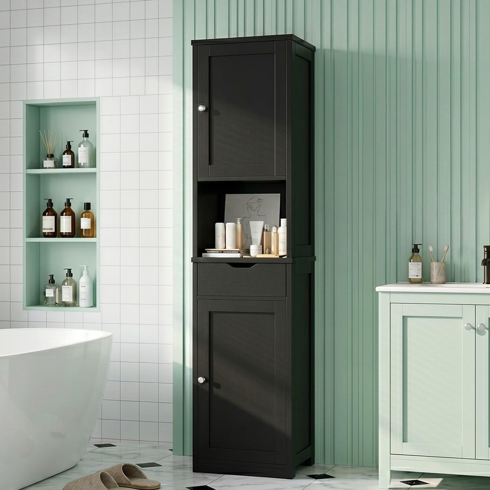 Vongrasig 64”Tall Slim Bathroom Storage Cabinet with 2 Doors, Black