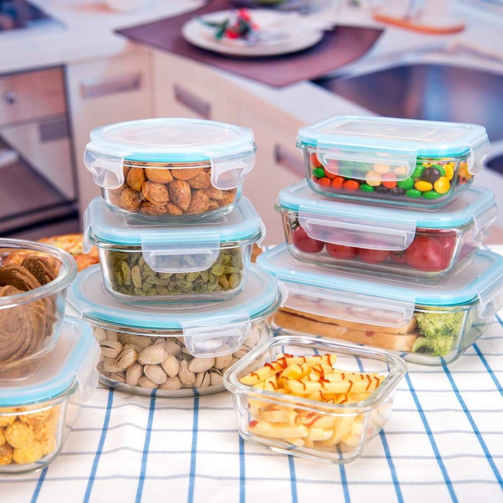 AILTEC Glass Food Storage Containers with Lids 9 Pack, 3 Shape Airtight Set