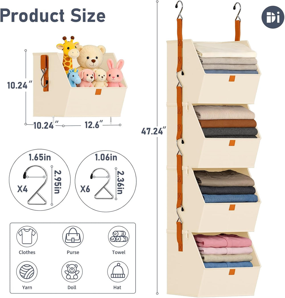 DIMJ Hanging Closet Organizer - 4 Tier Collapsible Hanging Shelves with Hooks...