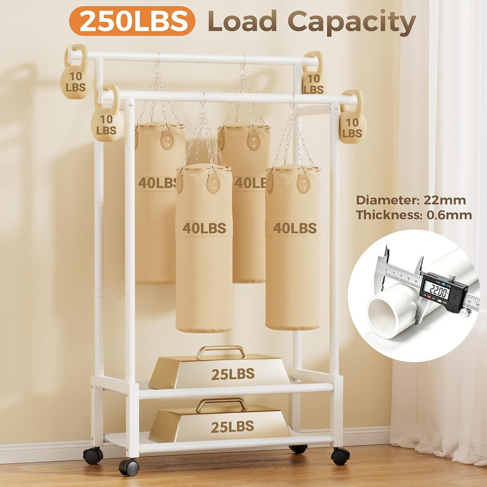 Double Rod Clothing Rack with 2 Shelves, Rolling, White