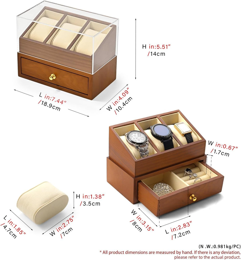 Solid Wood 3-Slot Watch Display Case with Acrylic Lid & Drawer