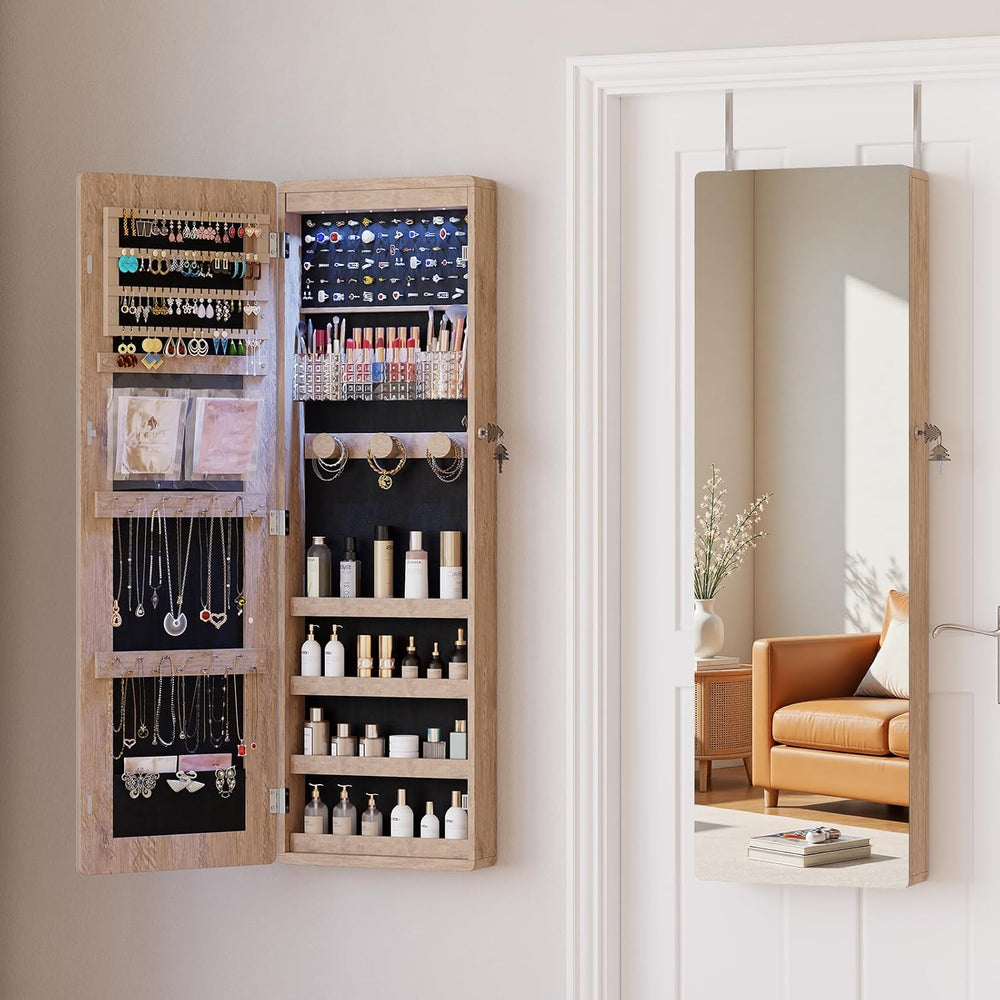 HNEBC Over the Door Organizer, Jewelry Cabinet with Lights,Brown