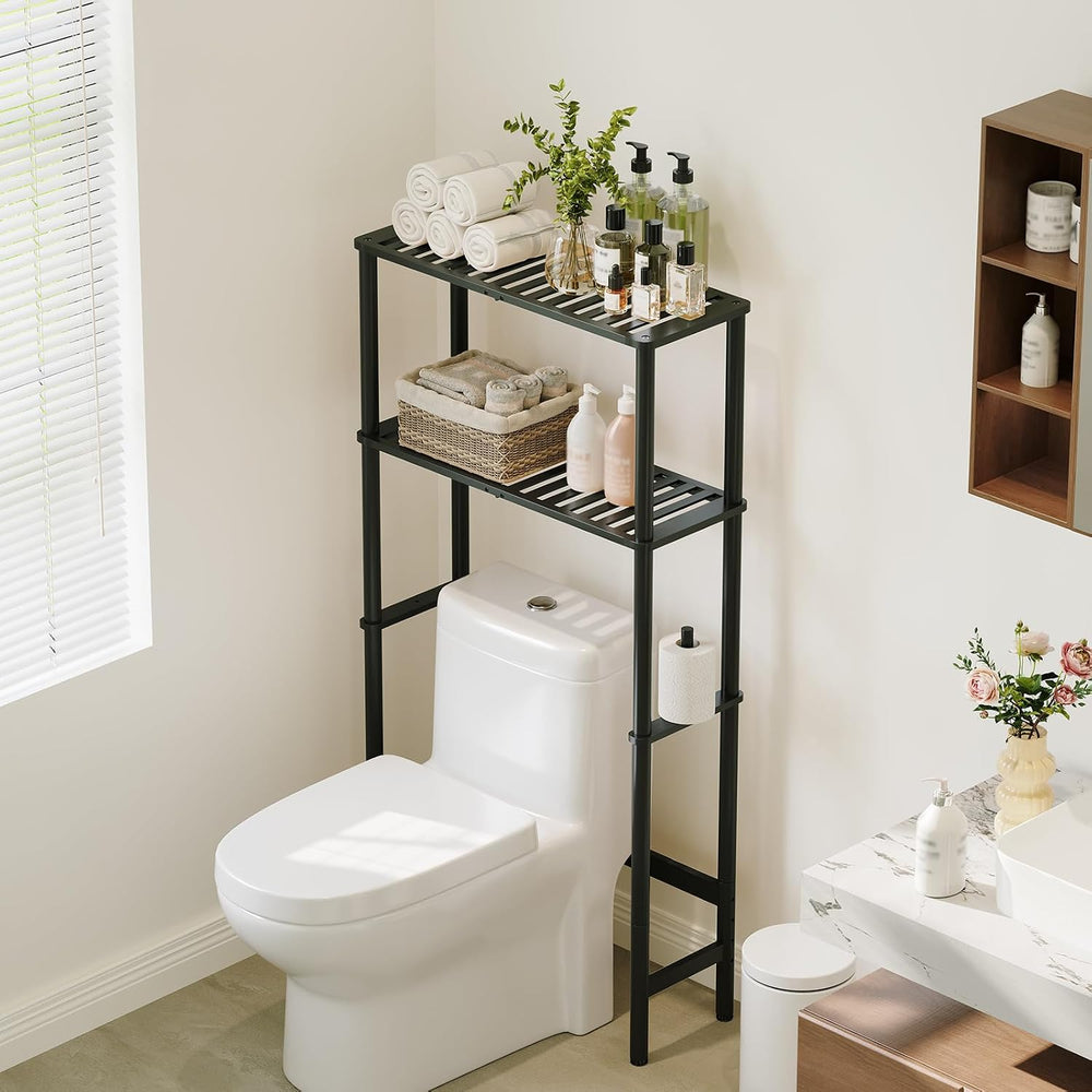 Over The Toilet Storage,2-Tier Bamboo Bathroom Shelf with Paper Holder