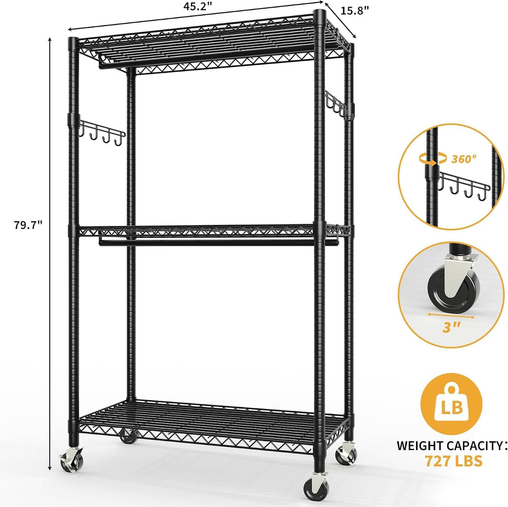 Garvee 3 Tier Clothes Rack with Wheels, Adjustable Shelves & 2 Hanging Ro...