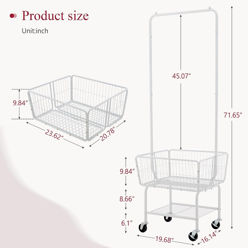 Tajsoon Rolling Laundry Cart with Hanging Rack & Storage Basket, White