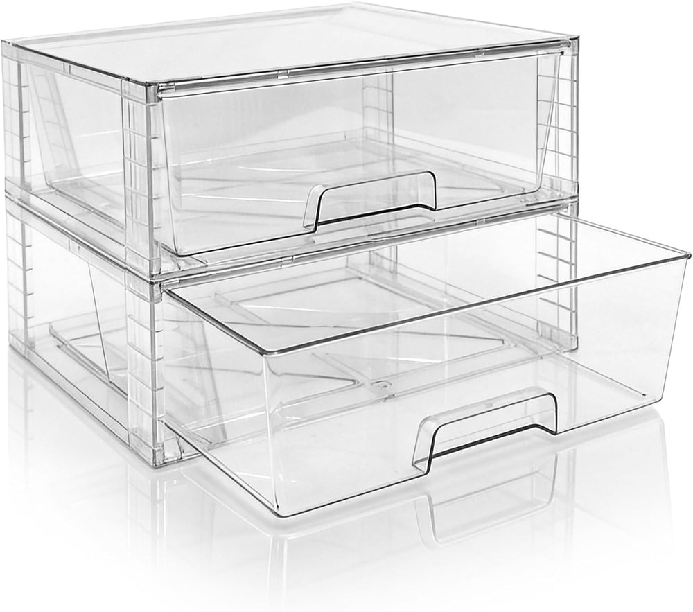 Wide Large Stackable Storage Drawers(2 Pack),Multi-purpose Clear Plastic Orga...