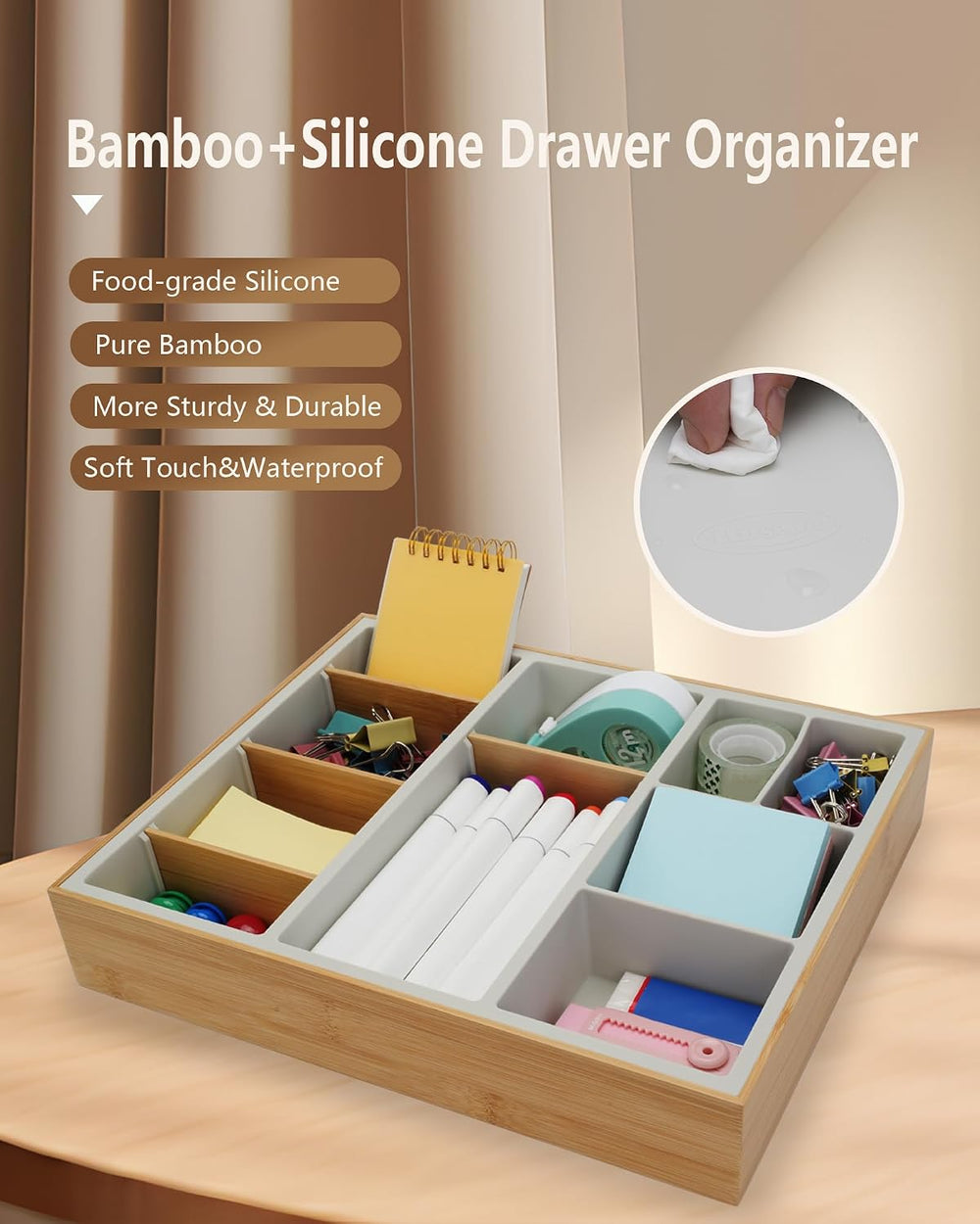 Bamboo Desk Drawer Organizer Tray, Silicone Sturdy Junk Drawer Organizer with...