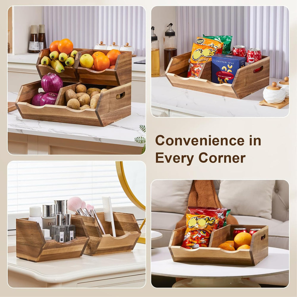 Acacia Wood Pantry Storage Bins, Stackable Storage Baskets Potato and Onion S...