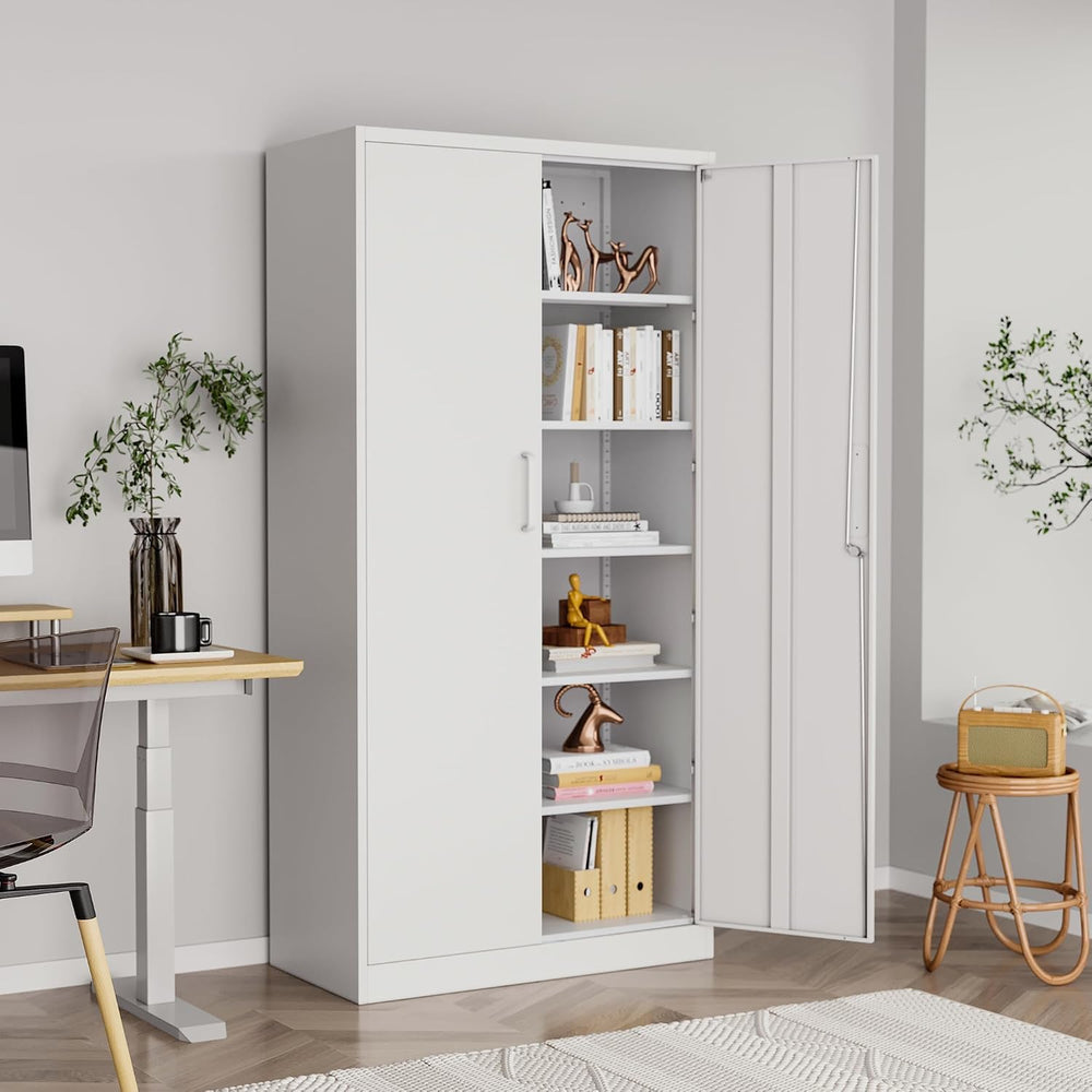 71" H Metal Storage Cabinet with Lock, White Garage Cabinets with 2 Door...
