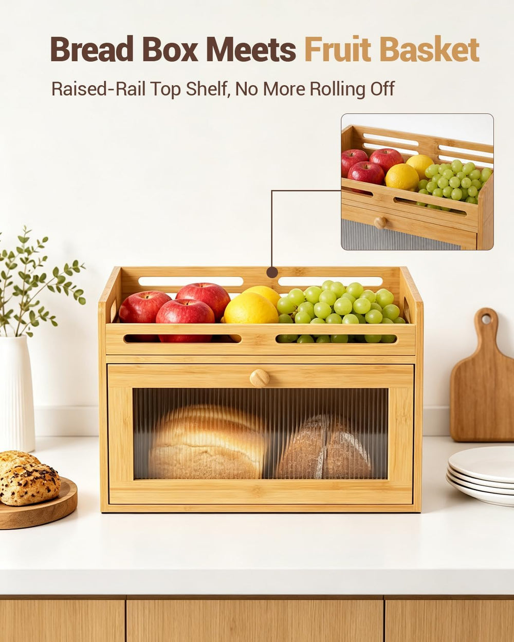 Bread Box for Kitchen Countertop, Bamboo Storage Container with Top Shelf