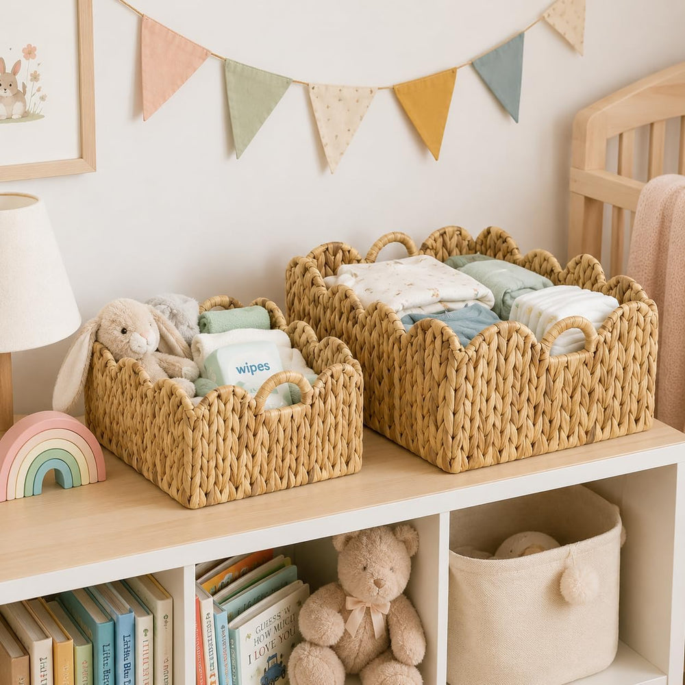 Scalloped Wicker Storage Baskets for Shelves Organize with Handles, 2-Pack