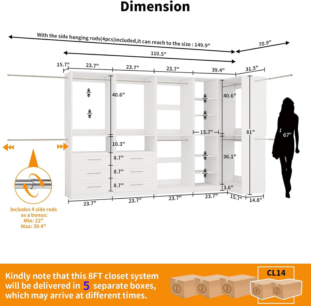 Closet System with 6 Drawers, Corner Closet Organizer Systems with 8 Shelves ...