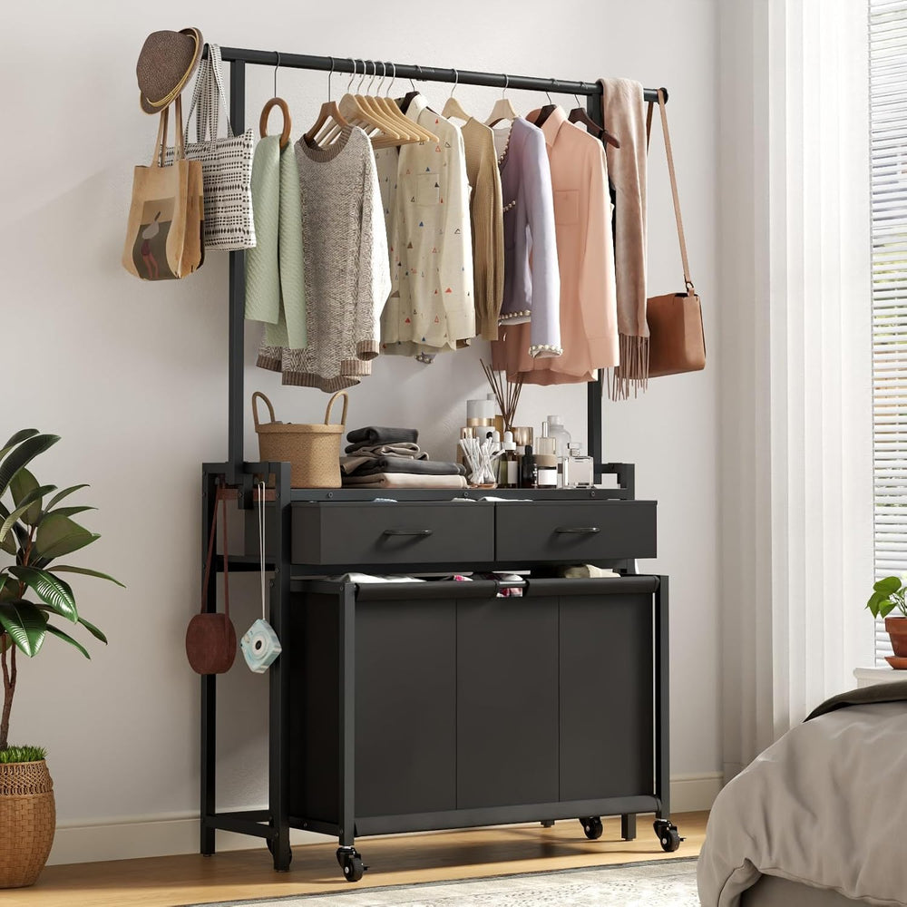 STIKELY Laundry Sorter Hamper with Hanging Cloth Rack, Laundry Basket with 3 ...