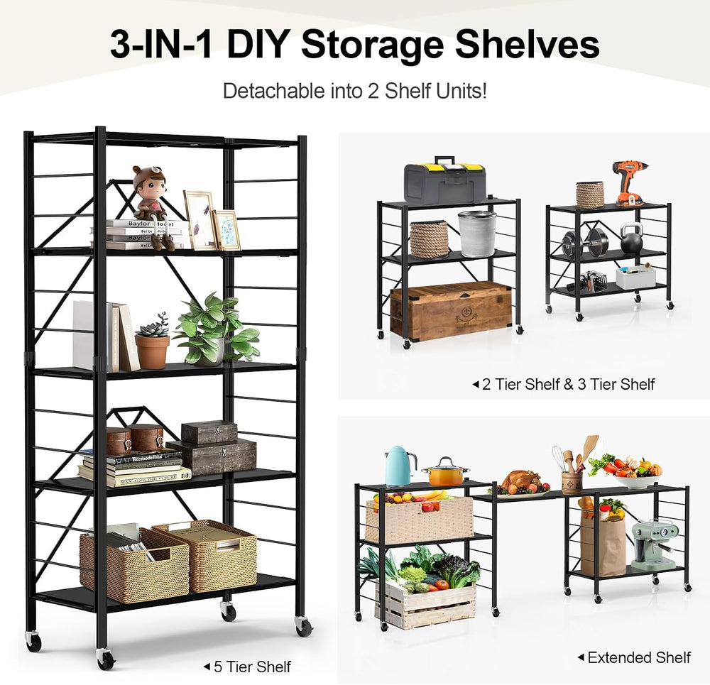 5-Tier Foldable Expandable Storage Shelves Wheels Kitchen 2-in-1 Rack
