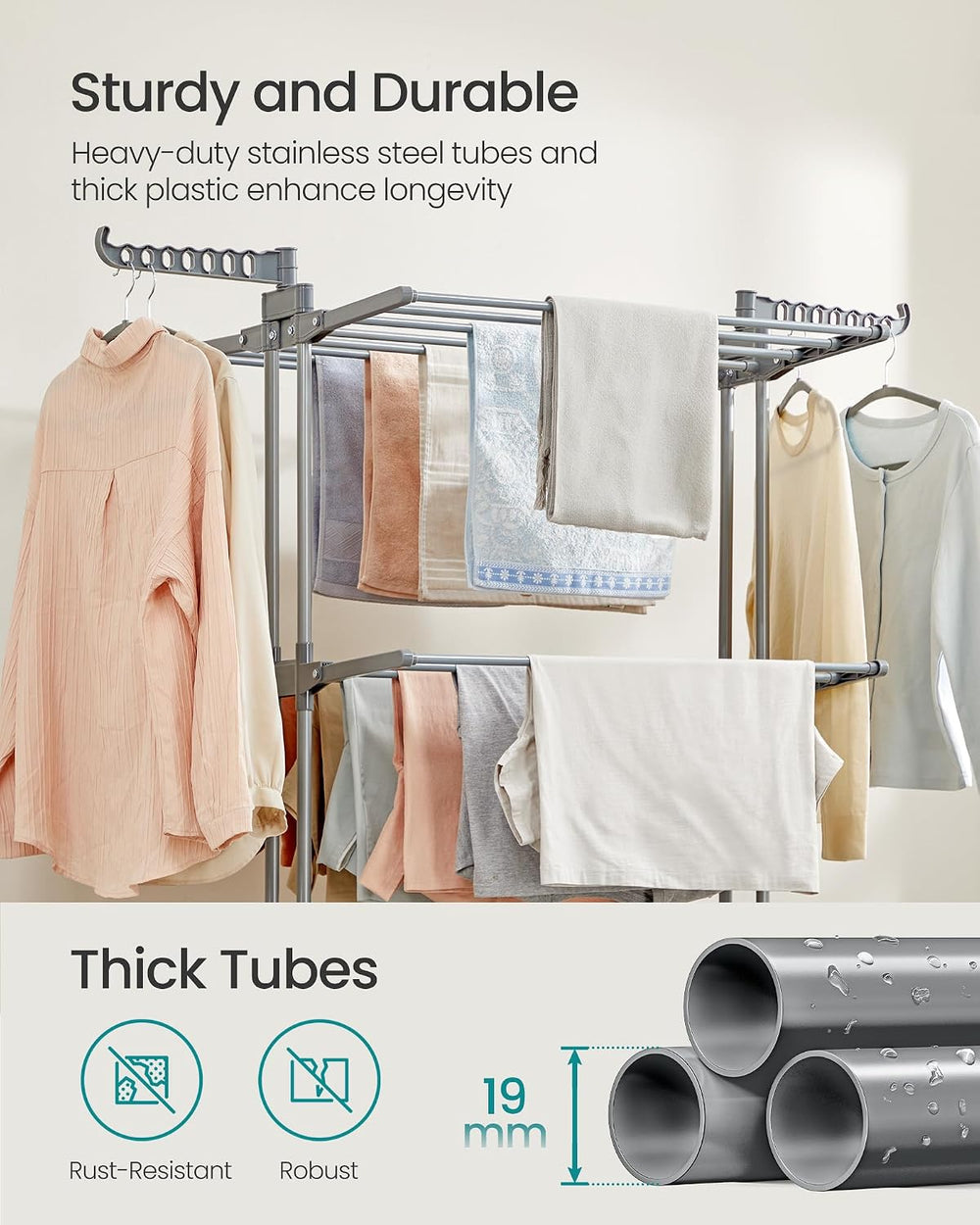 SONGMICS 4-Tier Clothes Drying Rack, Foldable, Rolling, 67.9-Inch Tall