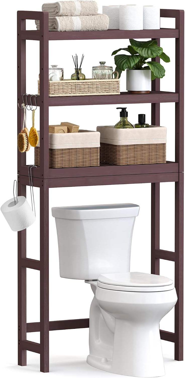 SONGMICS 3-Tier Bamboo Over The Toilet Storage, Adjustable Shelf, 66.9'