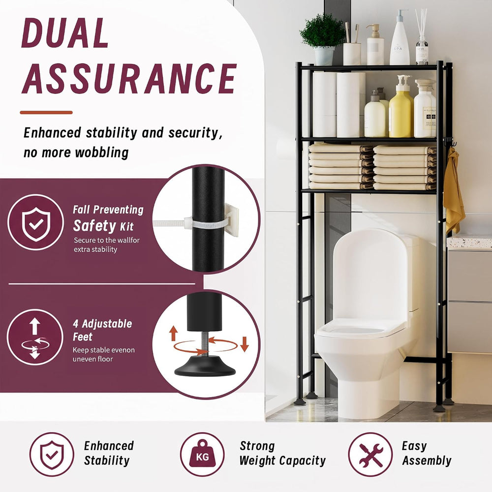 3-Tier Over The Toilet Storage Cabinet with Paper Holder and 4 Hooks, Metal O...