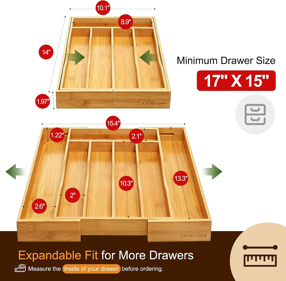 Expandable Bamboo Kitchen Drawer Organizer for Cutlery and Utensils, Adjustab...