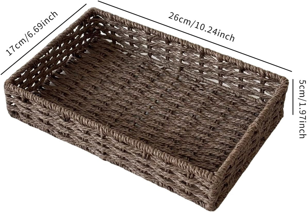 4PCS Small Woven Paper Rope Shallow Basket Organizing,Dark Brown