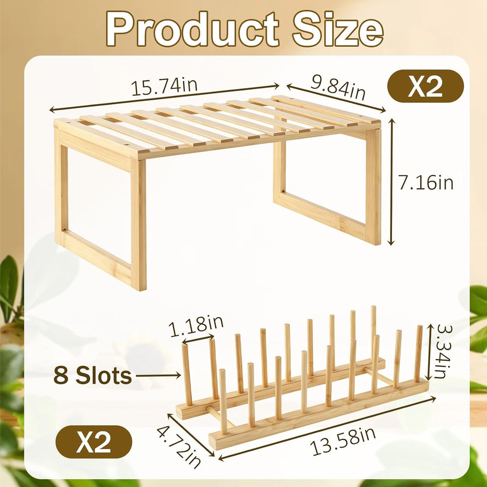 4 Pcs Cabinet Organizer Shelf and Bamboo Dish Drying Plate Rack, Kitchen Orga...