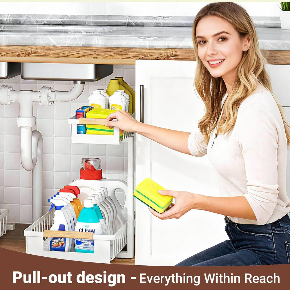 2 Pack Under Sink Organizer, 2 Tier Pull Out Cabinet Organizer with 5-Level A...