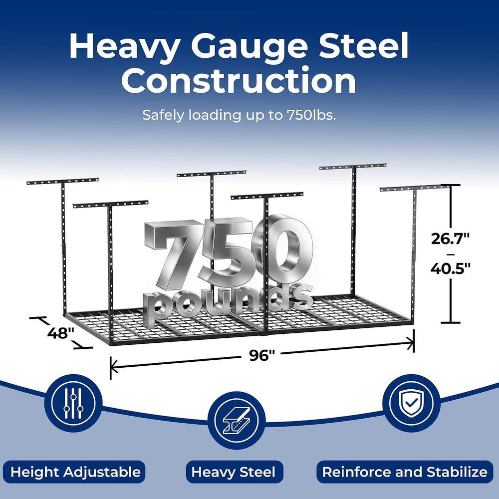 4×8FT Overhead Garage Storage Rack, 750LBS Heavy-Duty Steel Ceiling Shelving,...