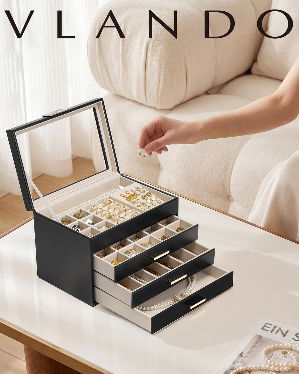 VLANDO Jewelry Box Organizer, 4-Layer Storage with Glass Window