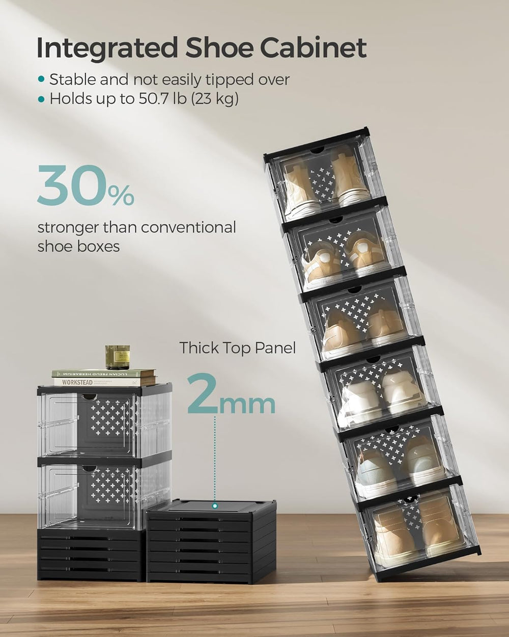 SONGMICS Foldable Shoe Boxes, 6-Tier for 18 Pack, Fit up to US size 13