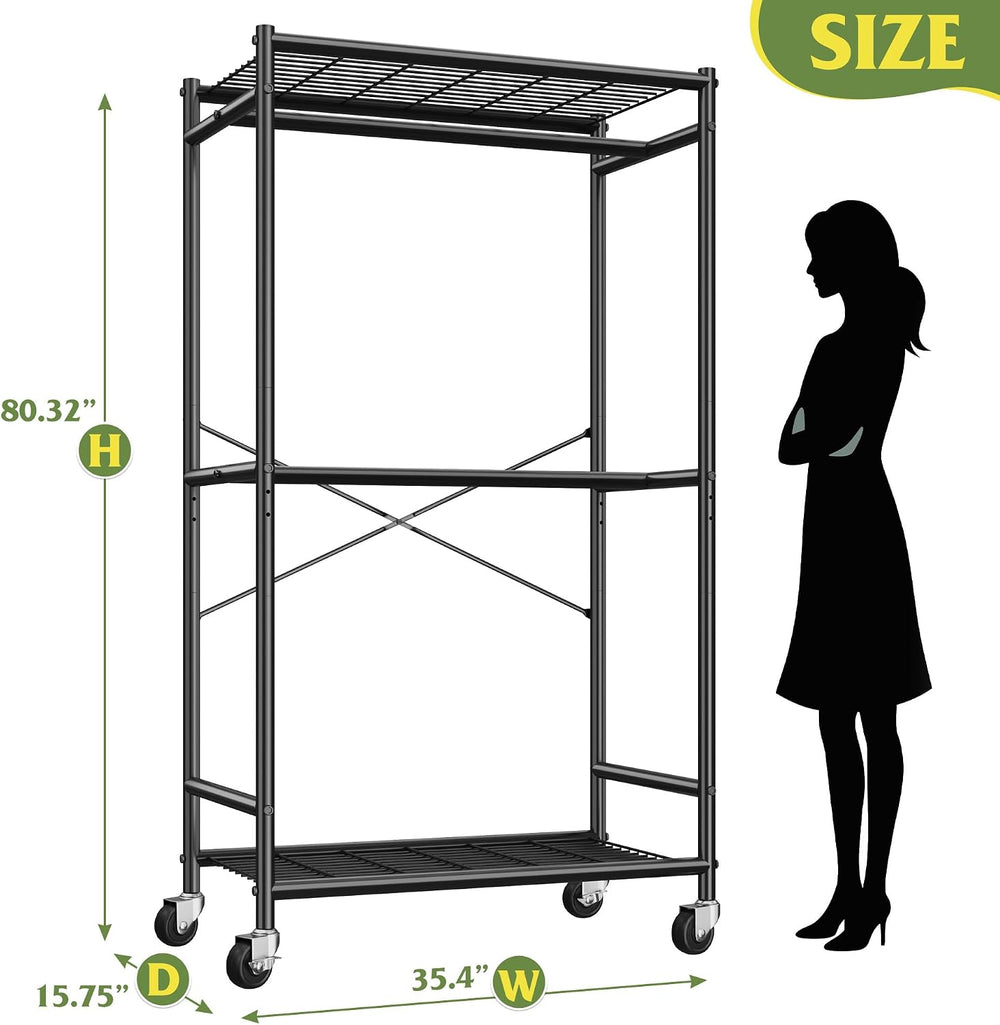Raybee Clothes Rack, Rolling Portable Closet with Wheels, Double Rod 308LBS