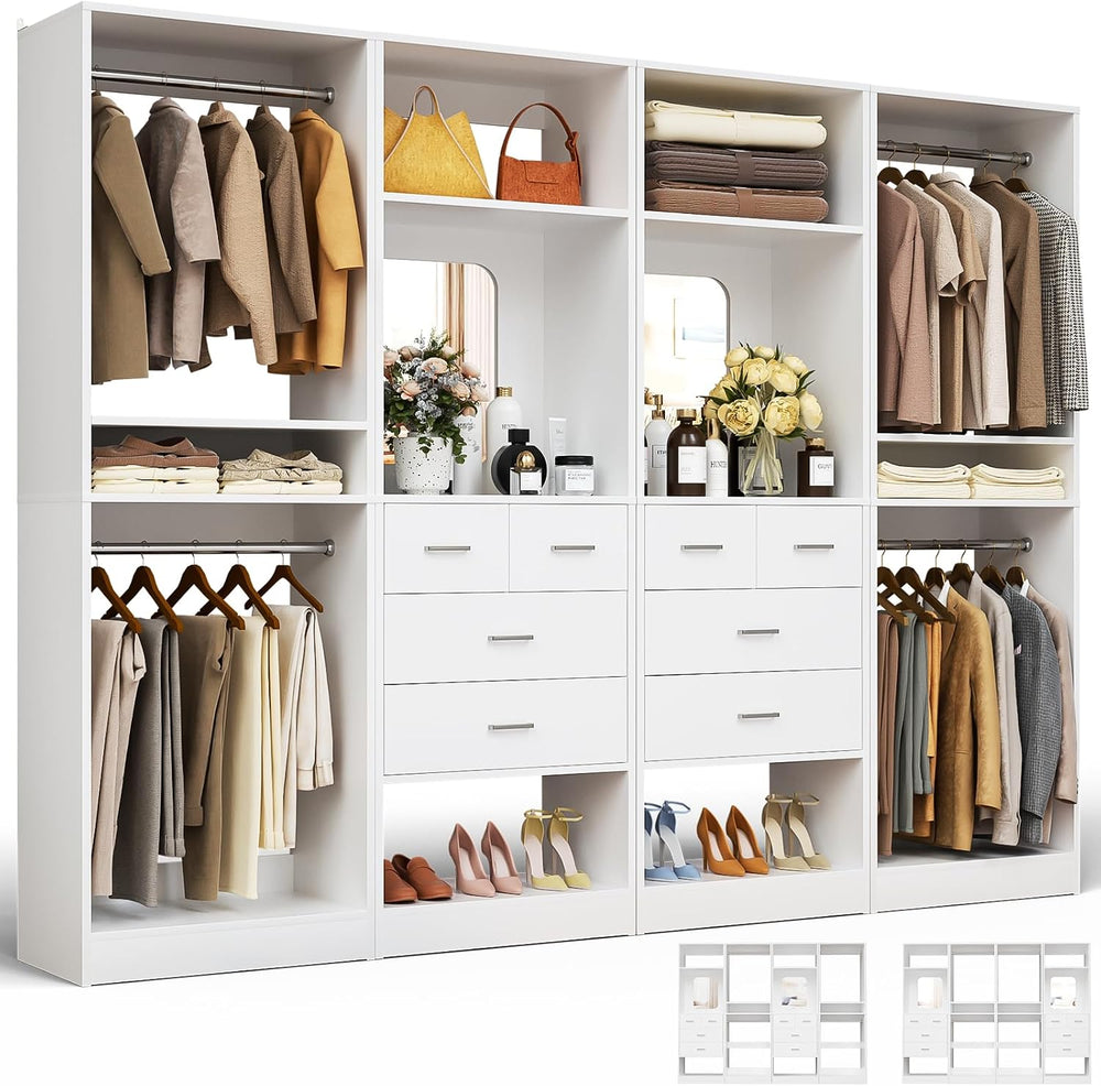 Unikito 100” Closet System with Drawers, 8.3FT Wood Closet Organizer with Han...
