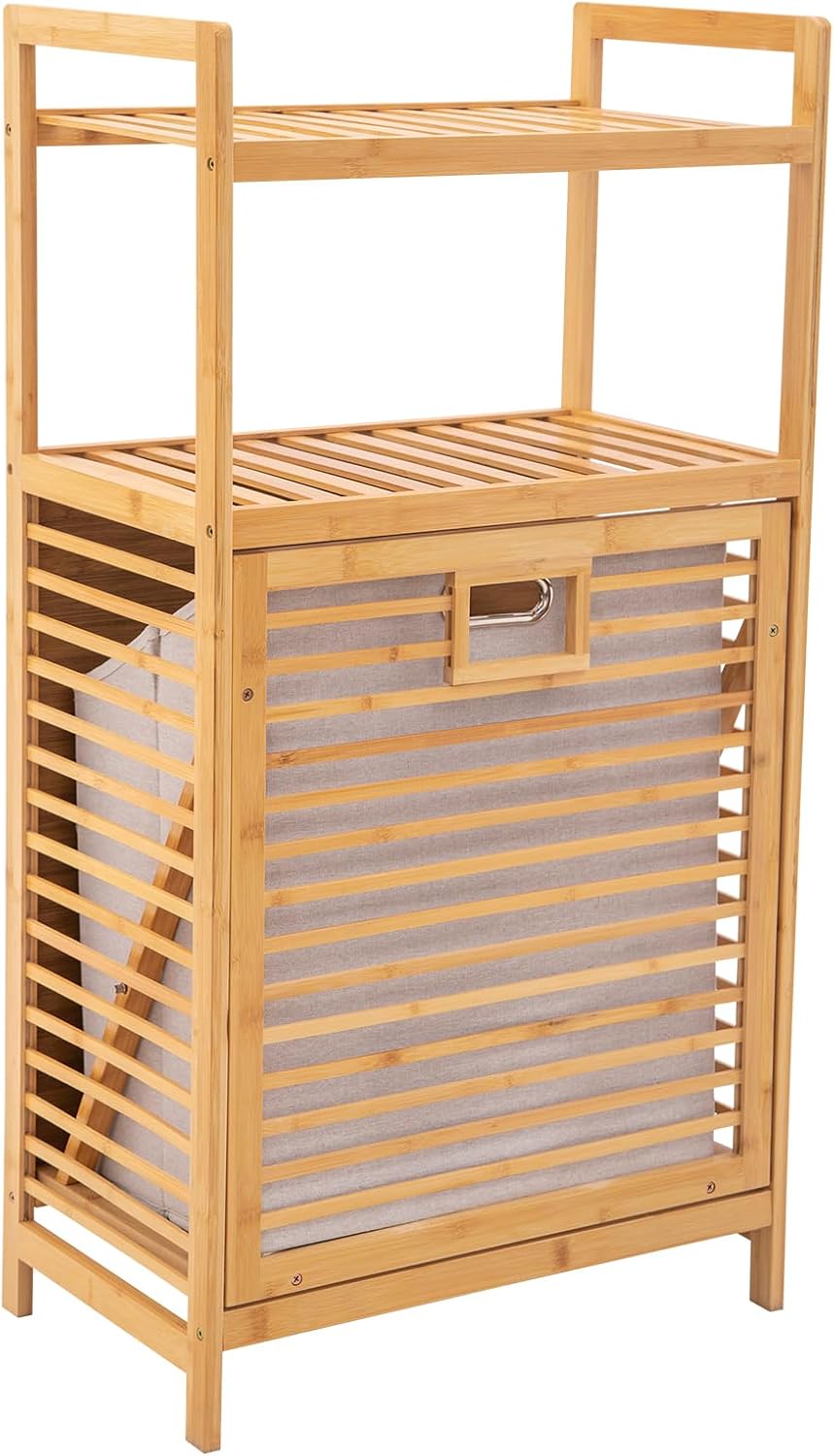 3-Tier Bamboo Tilt Out Laundry Basket,Floor Standing Laundry Hamper with Remo...