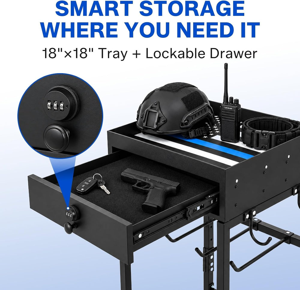 Police Gear Stand, Heavy Duty Steel Tactical Gear Rack w Lockable Drawer