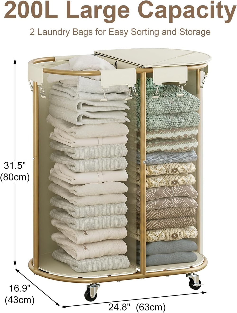 200L Double Laundry Hamper with Lid & Wheels, Oval Rolling Laundry Basket