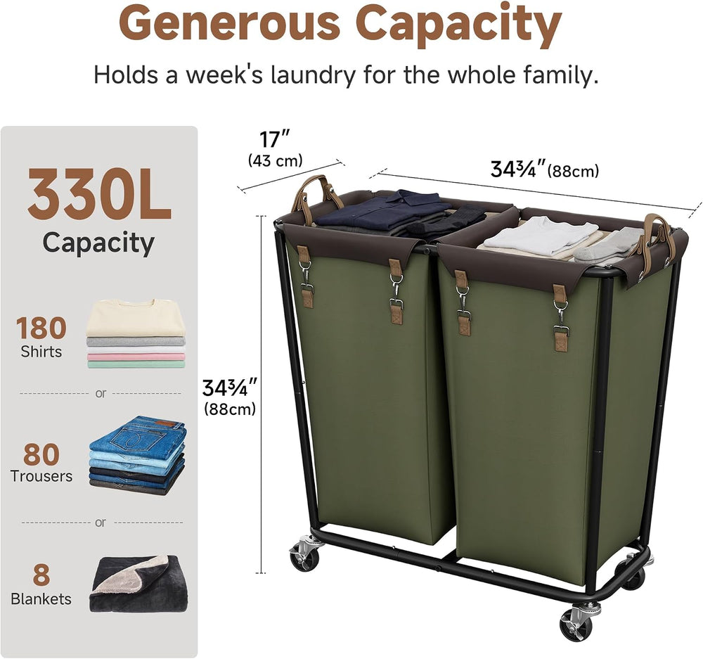 StorageWorks 2 Section Laundry Hamper, 330L Extra Large Green Rolling Cart