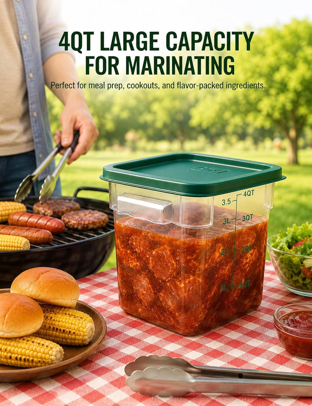 4 Pack 4QT Food Storage Containers with Green Lids - Square, Clear