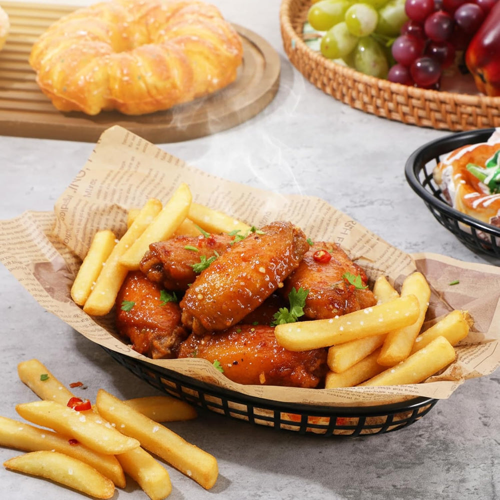 100 Pack Black Oval Fast Food Baskets, 8.85 x 5.5 Inch Reusable Plastic Servi...