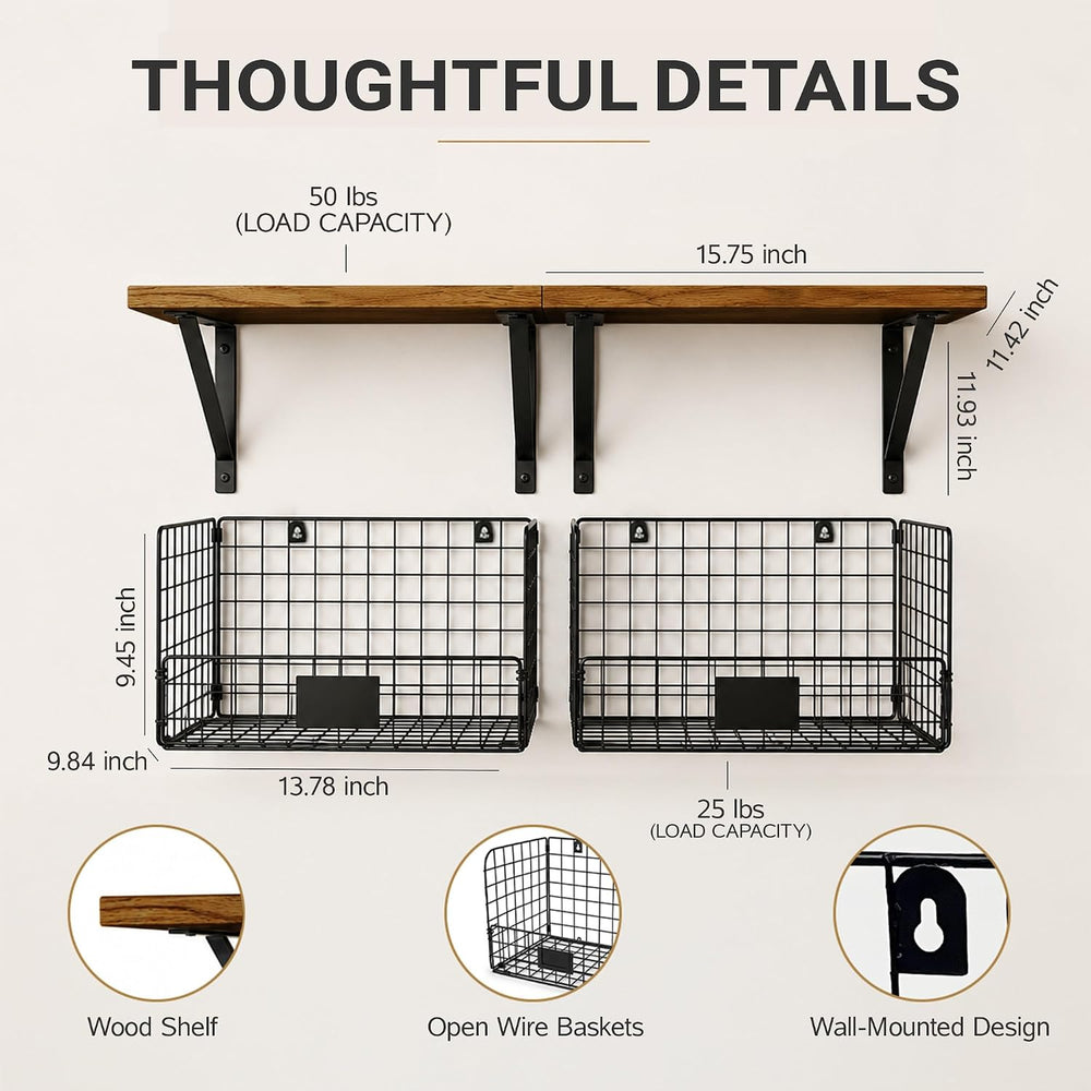 2 Pack Laundry Room Shelves Wall Mounted with Wire Mesh Baskets